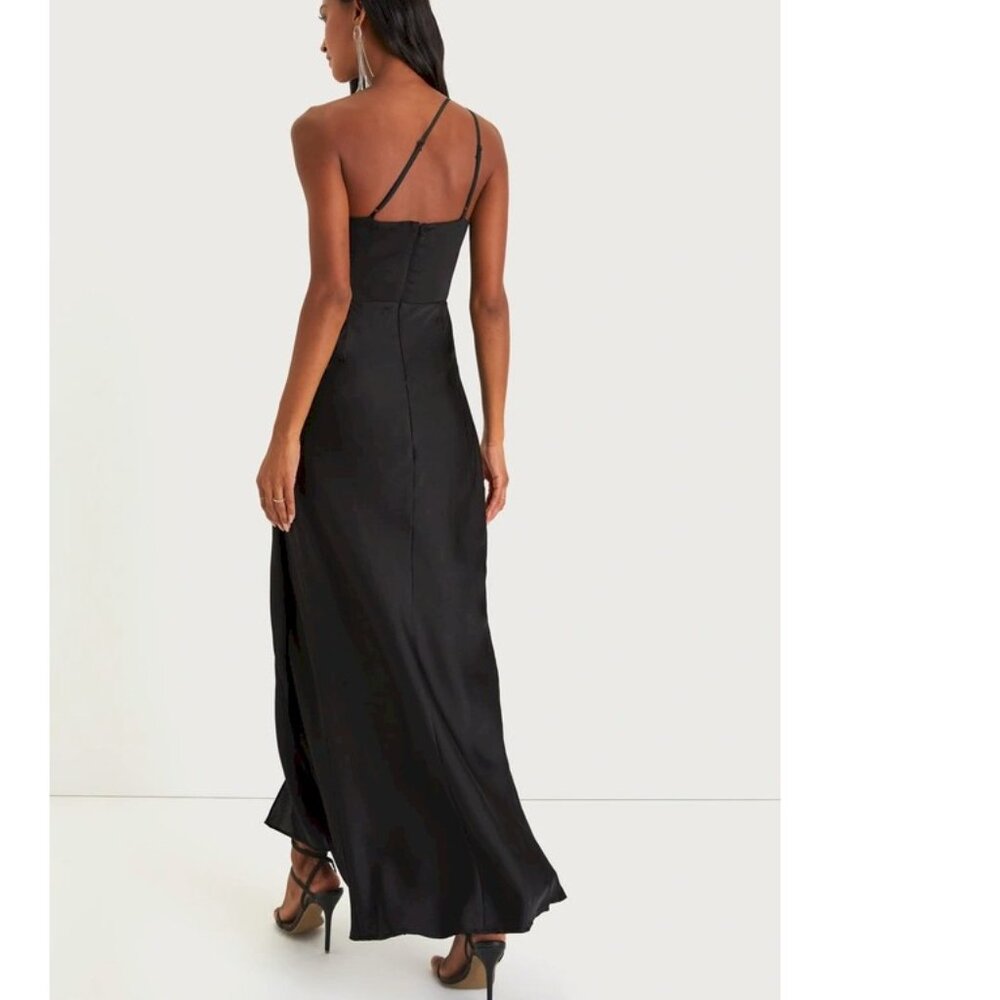 Lulus Signature Elegance Black Satin One-Shoulder Maxi Dress Size Large New NWT - Picture 6 of 13